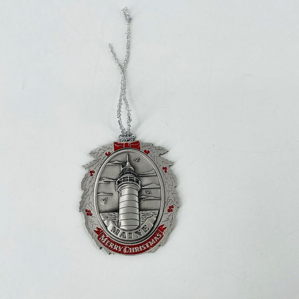 Vtg Maine Lighthouse Christmas Ornament Pewter Red Enamel Berries Holiday Canada